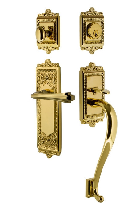 Nostalgic Warehouse - Egg & Dart Plate S Grip Entry Set Fleur Lever in Lifetime Brass - EADSGRFLR - 770167 - 2 3/4" Backset