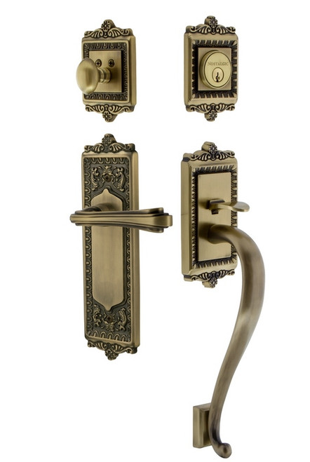Nostalgic Warehouse - Egg & Dart Plate S Grip Entry Set Fleur Lever in Antique Brass - 770168 - 2 3/4" Backset