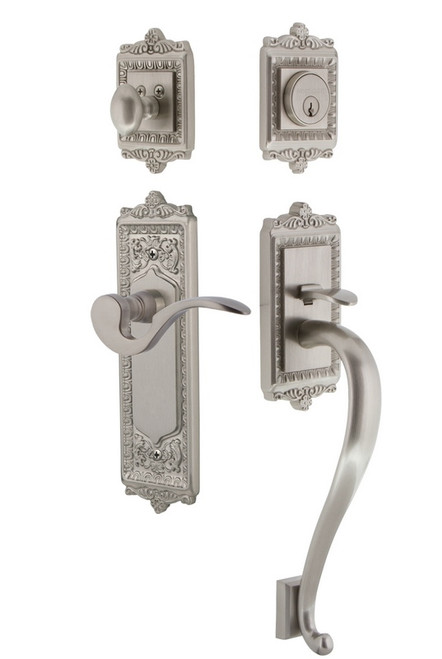 Nostalgic Warehouse - Egg & Dart Plate S Grip Entry Set Manor Lever in Satin Nickel - 770268 - 2 3/8" Backset