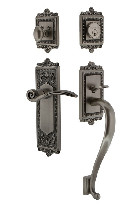 Nostalgic Warehouse - Egg & Dart Plate S Grip Entry Set Swan Lever in Antique Pewter - EADSGRSWN - 770318 - 2 3/8" Backset