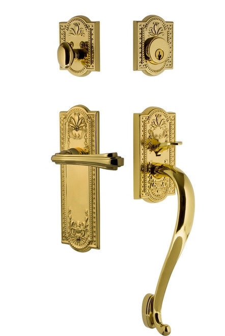 Nostalgic Warehouse - Meadows Plate S Grip Entry Set Fleur Lever in Polished Brass - 770389 - 2 3/8" Backset