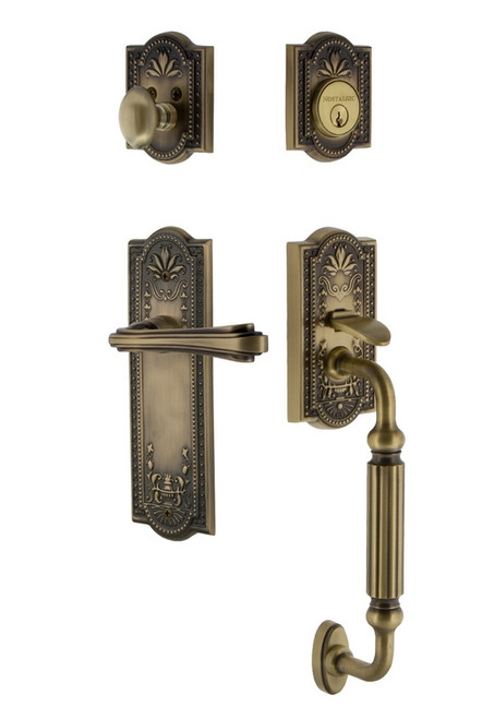 Nostalgic Warehouse - Meadows Plate F Grip Entry Set Fleur Lever in Antique Brass - MEAFGRFLR - 770402 - 2 3/8" Backset