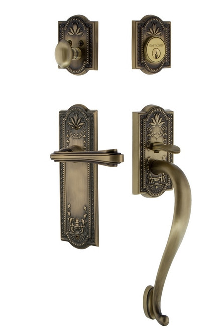 Nostalgic Warehouse - Meadows Plate S Grip Entry Set Fleur Lever in Antique Brass - MEASGRFLR - 770411 - 2 3/8" Backset