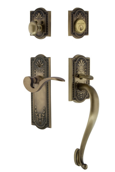 Nostalgic Warehouse - Meadows Plate S Grip Entry Set Manor Lever in Antique Brass - 770437 - 2 3/4" Backset