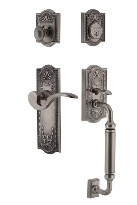Nostalgic Warehouse - Meadows Plate C Grip Entry Set Manor Lever in Antique Pewter - MEACGRMAN - 770491 - 2 3/8" Backset