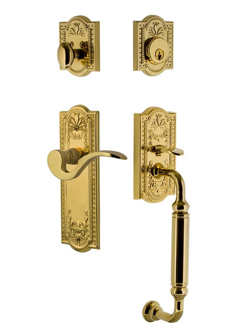 Nostalgic Warehouse - Meadows Plate C Grip Entry Set Manor Lever in Lifetime Brass - MEACGRMAN - 770495 - 2 3/8" Backset