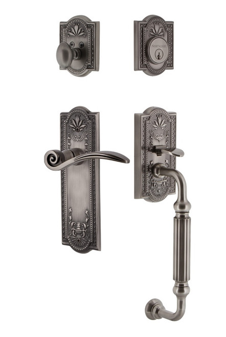 Nostalgic Warehouse - Meadows Plate F Grip Entry Set Swan Lever in Antique Pewter - 770525 - 2 3/4" Backset