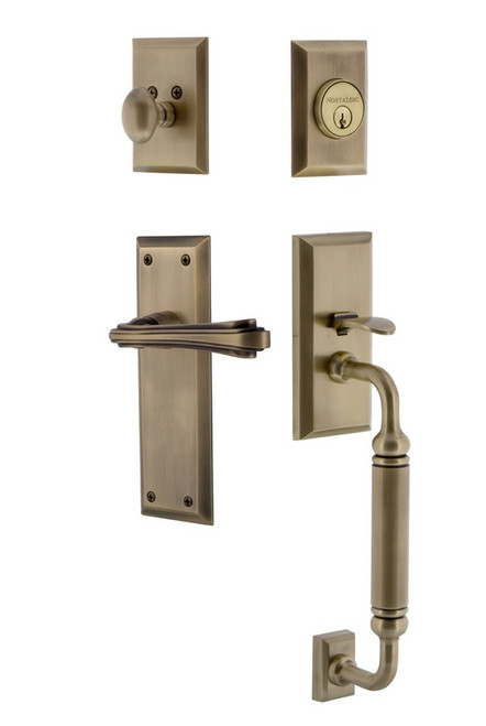 Nostalgic Warehouse - New York Plate C Grip Entry Set Fleur Lever in Antique Brass - 770610 - 2 3/8" Backset
