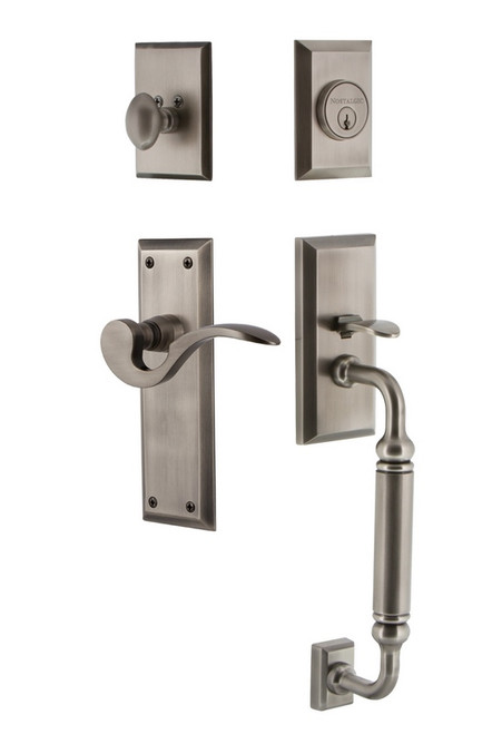 Nostalgic Warehouse - New York Plate C Grip Entry Set Manor Lever in Antique Pewter - 770704 - 2 3/8" Backset