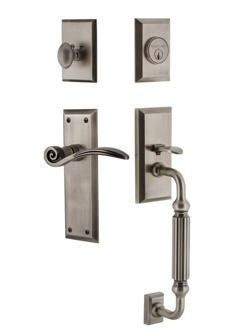 Nostalgic Warehouse - New York Plate F Grip Entry Set Swan Lever in Antique Pewter - 770858 - 2 3/4" Backset