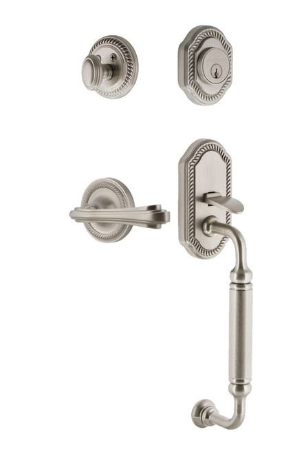 Nostalgic Warehouse - Rope Rosette C Grip Entry Set Fleur Lever in Satin Nickel - 770965 - 2 3/8" Backset