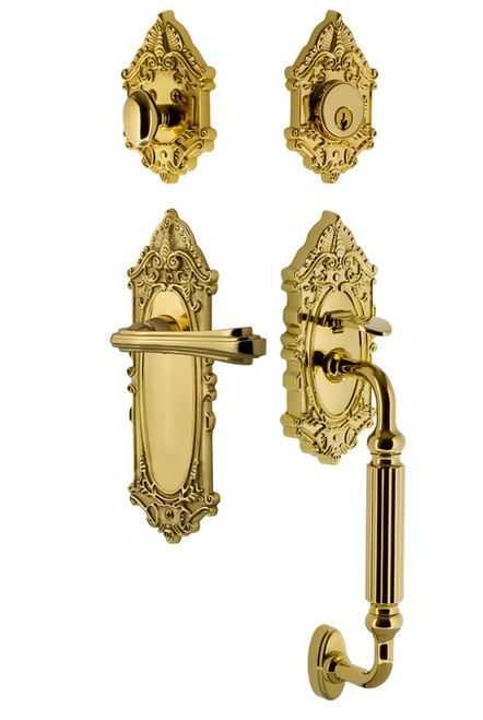 Nostalgic Warehouse - Victorian Plate F Grip Entry Set Fleur Lever in Polished Brass - 771340 - 2 3/8" Backset