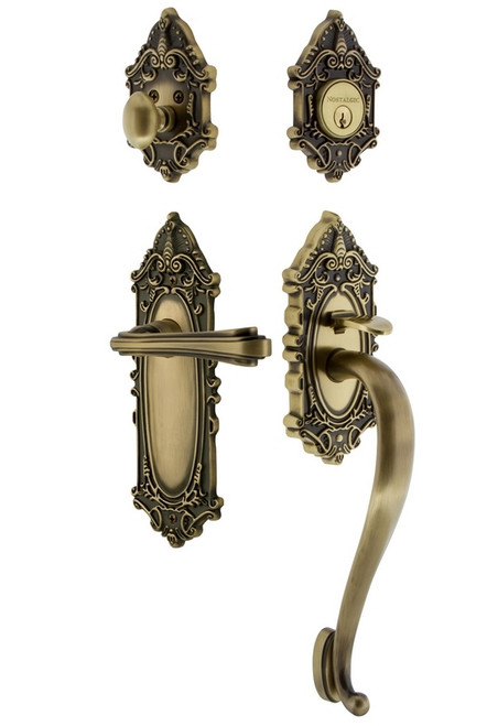 Nostalgic Warehouse - Victorian Plate S Grip Entry Set Fleur Lever in Antique Brass - 771344 - 2 3/8" Backset