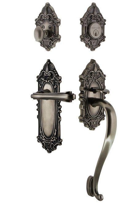 Nostalgic Warehouse - Victorian Plate S Grip Entry Set Fleur Lever in Antique Pewter - 771369 - 2 3/4" Backset