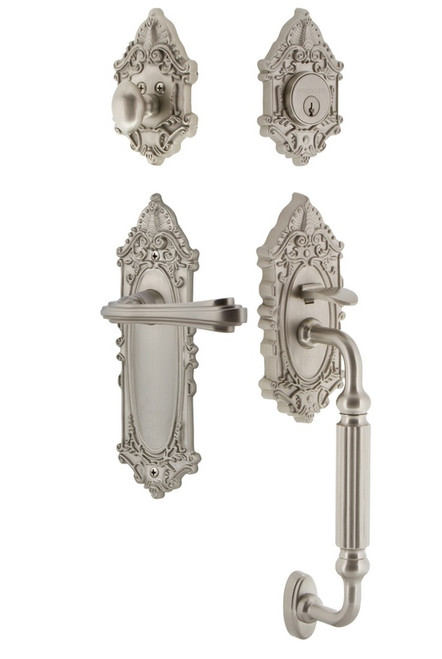 Nostalgic Warehouse - Victorian Plate F Grip Entry Set Fleur Lever in Satin Nickel - VICFGRFLR - 771383 - 2 3/4" Backset