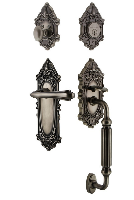 Nostalgic Warehouse - Victorian Plate F Grip Entry Set Fleur Lever in Antique Pewter - 771384 - 2 3/8" Backset