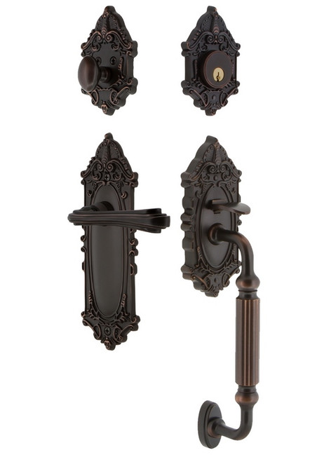 Nostalgic Warehouse - Victorian Plate F Grip Entry Set Fleur Lever in Timeless Bronze - 771389 - 2 3/4" Backset