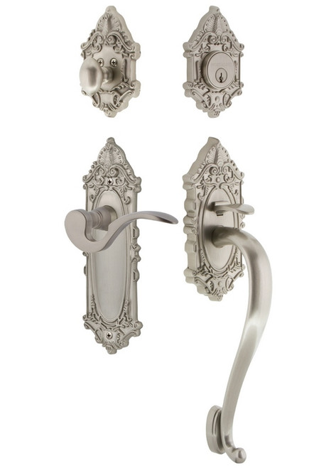 Nostalgic Warehouse - Victorian Plate S Grip Entry Set Manor Lever in Satin Nickel - 771425 - 2 3/4" Backset