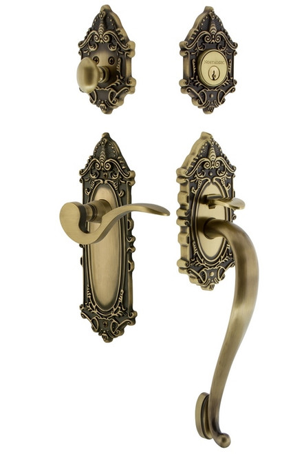 Nostalgic Warehouse - Victorian Plate S Grip Entry Set Manor Lever in Antique Brass - 771429 - 2 3/4" Backset