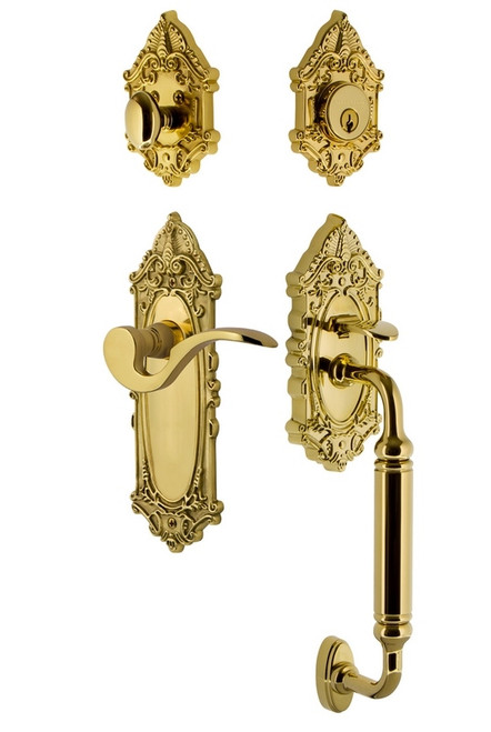 Nostalgic Warehouse - Victorian Plate C Grip Entry Set Manor Lever in Polished Brass - 771452 - 2 3/4" Backset