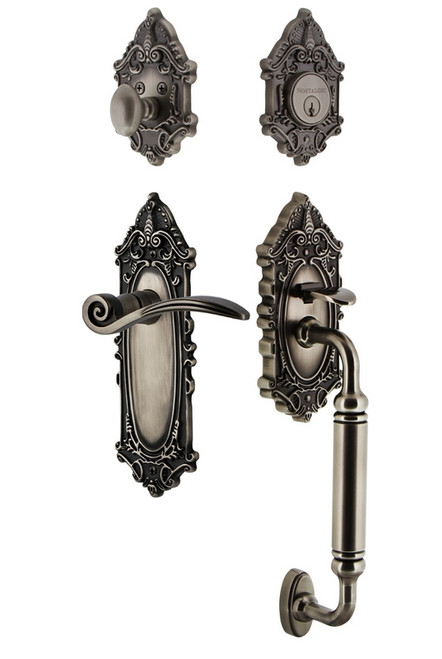 Nostalgic Warehouse - Victorian Plate C Grip Entry Set Swan Lever in Antique Pewter - 771488 - 2 3/4" Backset