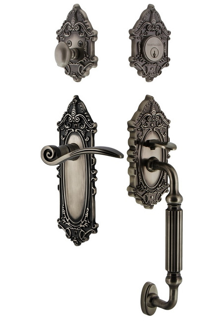 Nostalgic Warehouse - Victorian Plate F Grip Entry Set Swan Lever in Antique Pewter - 771497 - 2 3/4" Backset