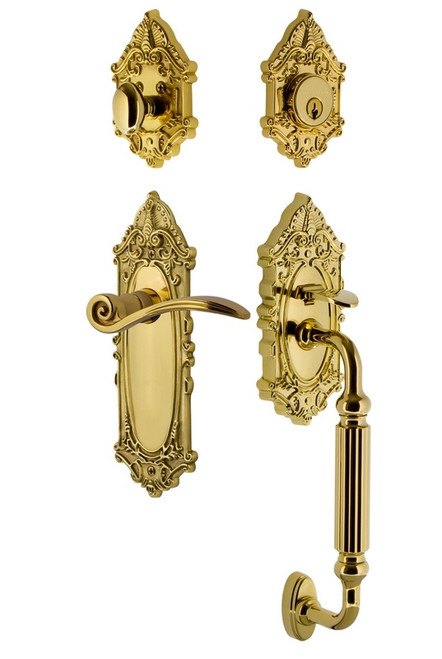 Nostalgic Warehouse - Victorian Plate F Grip Entry Set Swan Lever in Polished Brass - 771502 - 2 3/4" Backset