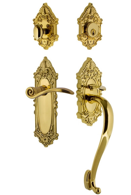 Nostalgic Warehouse - Victorian Plate S Grip Entry Set Swan Lever in Polished Brass - 771514 - 2 3/4" Backset