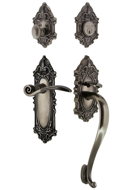 Nostalgic Warehouse - Victorian Plate S Grip Entry Set Swan Lever in Antique Pewter - 771520 - 2 3/4" Backset