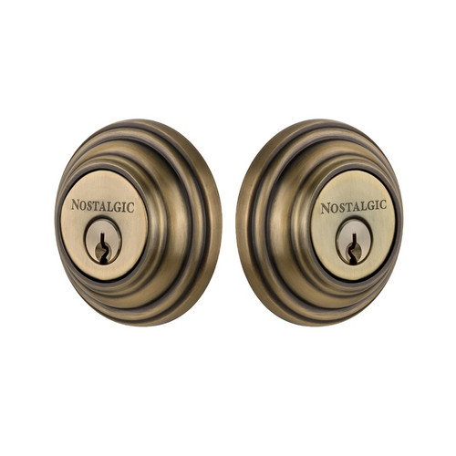 Nostalgic Warehouse - Classic Rosette Double Cylinder Deadbolt in Antique Brass - CLACLA - 702293 - 2 3/8" Backset