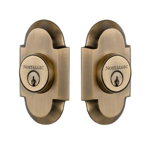 Nostalgic Warehouse - Cottage Plate Double Cylinder Deadbolt in Antique Brass - Keyed Different - COTCOT - 713196 - 2 3/8" Backset