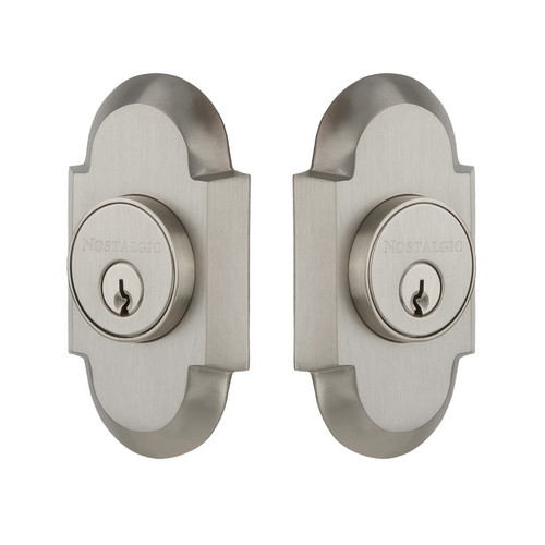Nostalgic Warehouse - Cottage Plate Double Cylinder Deadbolt in Satin Nickel - COTCOT - 713206 - 2 3/8" Backset