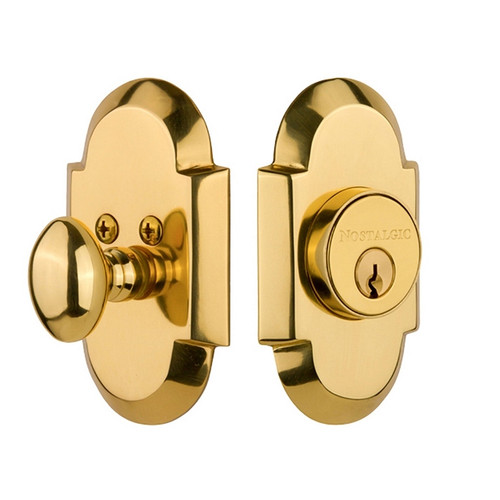Nostalgic Warehouse - Cottage Plate Single Cylinder Deadbolt in Polished Brass - Keyed Different - COTCOT - 713187 - 2 3/8" Backset