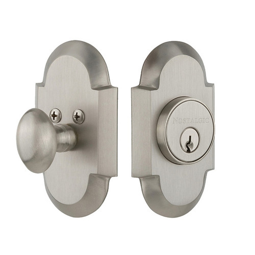 Nostalgic Warehouse - Cottage Plate Single Cylinder Deadbolt in Satin Nickel - Keyed Different - COTCOT - 713188 - 2 3/8" Backset