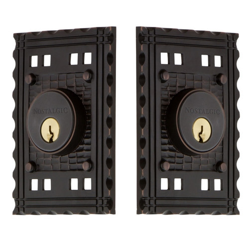 Nostalgic Warehouse - Craftsman Plate Double Cylinder Deadbolt in Timeless Bronze - CRACRA - 703955 - 2 3/8" Backset