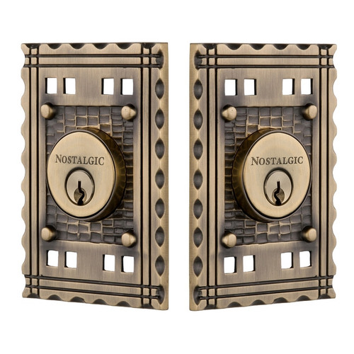 Nostalgic Warehouse - Craftsman Plate Double Cylinder Deadbolt in Antique Brass - Keyed Different - CRACRA - 715158 - 2 3/8" Backset