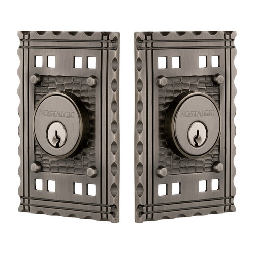 Nostalgic Warehouse - Craftsman Plate Double Cylinder Deadbolt in Antique Pewter - CRACRA - 715161 - 2 3/8" Backset