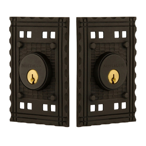 Nostalgic Warehouse - Craftsman Plate Double Cylinder Deadbolt in Oil-Rubbed Bronze - CRACRA - 715163 - 2 3/8" Backset