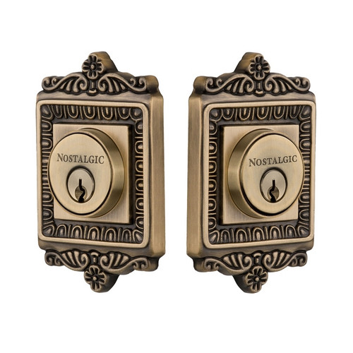 Nostalgic Warehouse - Egg & Dart Plate Double Cylinder Deadbolt in Antique Brass - EADEAD - 733021 - 2 3/8" Backset