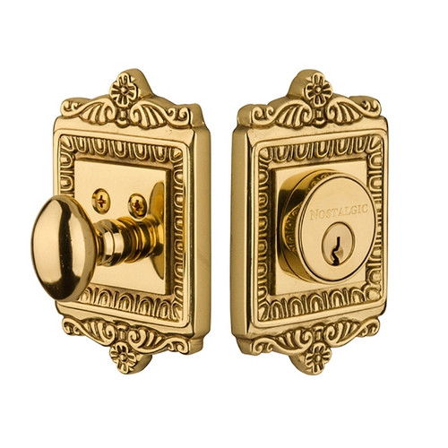 Nostalgic Warehouse - Egg & Dart Plate Single Cylinder Deadbolt in Unlacquered Brass - EADEAD - 715119 - 2 3/8" Backset