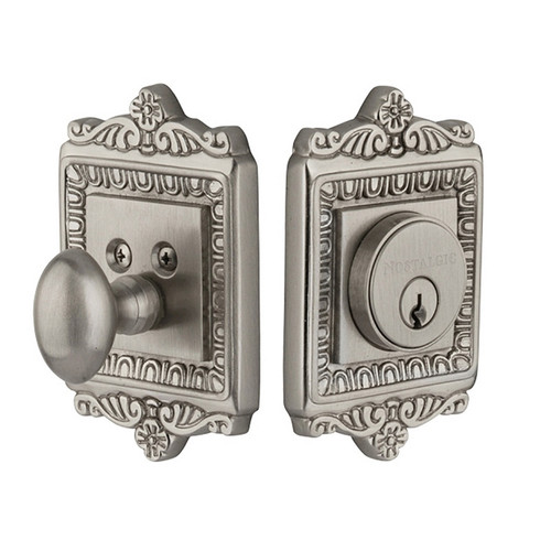 Nostalgic Warehouse - Egg & Dart Plate Single Cylinder Deadbolt in Satin Nickel - EADEAD - 726068 - 2 3/8" Backset