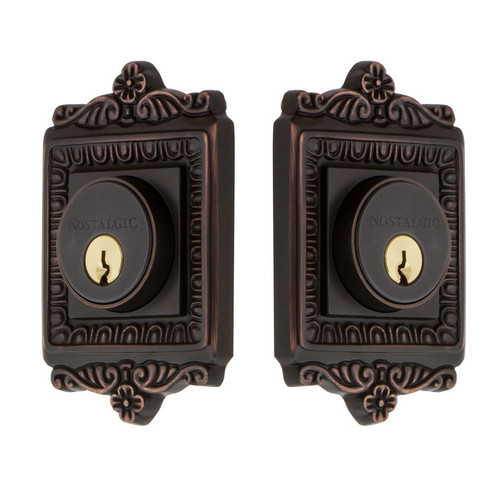 Nostalgic Warehouse - Egg & Dart Plate Double Cylinder Deadbolt in Timeless Bronze - Keyed Different - EADEAD - 719162 - 2 3/4" Backset
