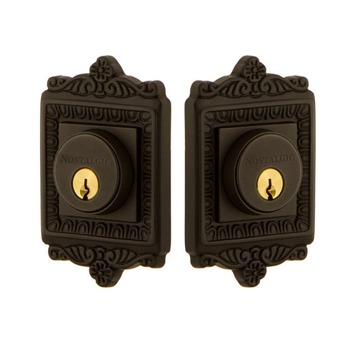 Nostalgic Warehouse - Egg & Dart Plate Double Cylinder Deadbolt in Oil-Rubbed Bronze - Keyed Different - EADEAD - 719159 - 2 3/4" Backset