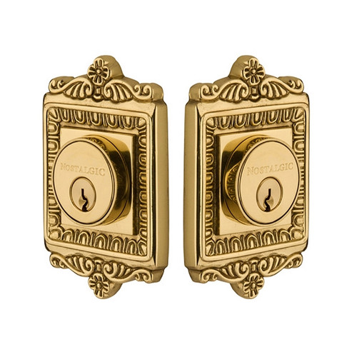Nostalgic Warehouse - Egg & Dart Plate Double Cylinder Deadbolt in Polished Brass - Keyed Different - EADEAD - 719160 - 2 3/4" Backset