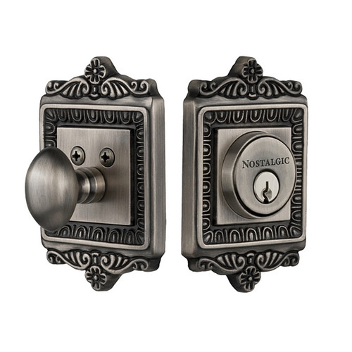 Nostalgic Warehouse - Egg & Dart Plate Single Cylinder Deadbolt in Antique Pewter - Keyed Different - EADEAD - 719027 - 2 3/4" Backset