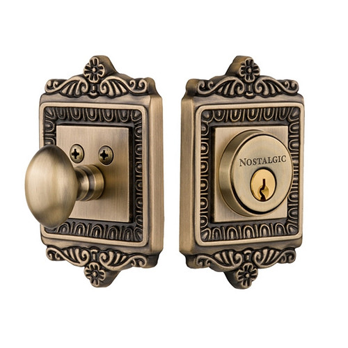 Nostalgic Warehouse - Egg & Dart Plate Single Cylinder Deadbolt in Antique Brass - EADEAD - 719019 - 2 3/4" Backset