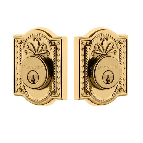 Nostalgic Warehouse - Meadows Plate Double Cylinder Deadbolt in Unlacquered Brass - MEAMEA - 702361 - 2 3/8" Backset