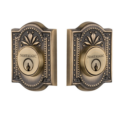 Nostalgic Warehouse - Meadows Plate Double Cylinder Deadbolt in Antique Brass - MEAMEA - 733041 - 2 3/8" Backset