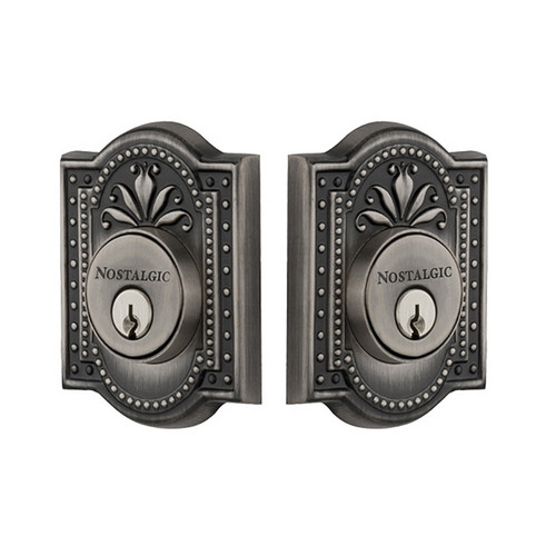 Nostalgic Warehouse - Meadows Plate Double Cylinder Deadbolt in Antique Pewter - MEAMEA - 733042 - 2 3/8" Backset