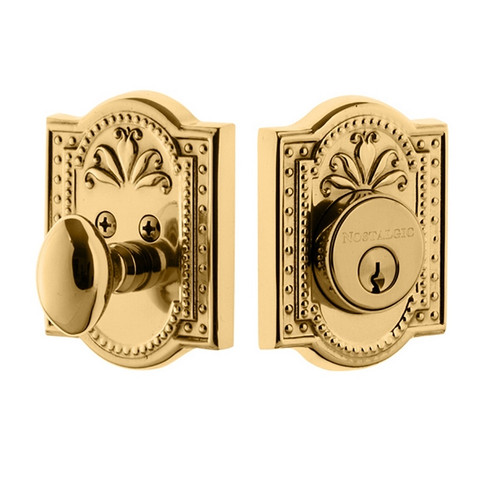 Nostalgic Warehouse - Meadows Plate Single Cylinder Deadbolt in Unlacquered Brass - Keyed Different - MEAMEA - 715120 - 2 3/8" Backset